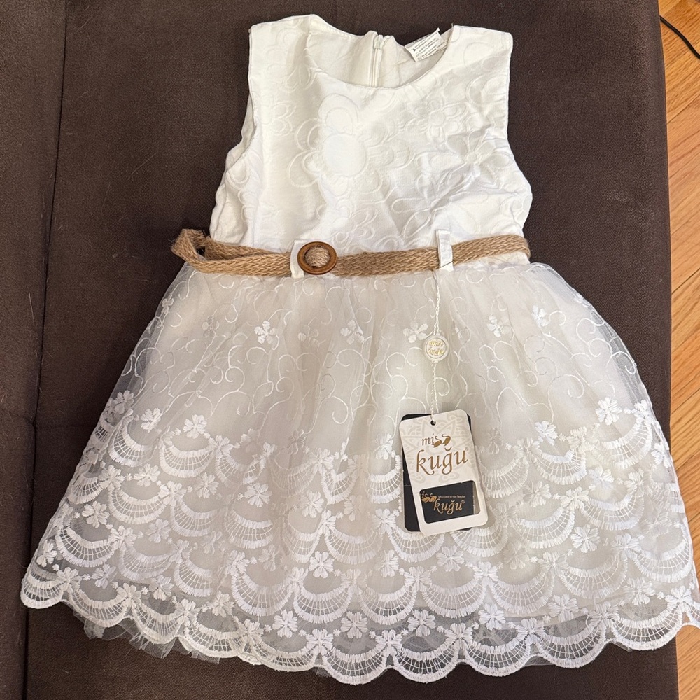 White Lace Kids Dress with Belt
